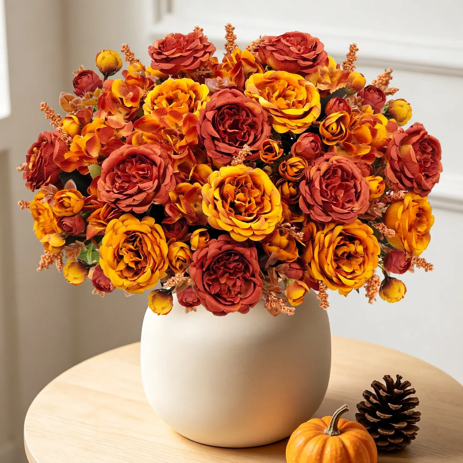 4 Pcs Fall Artificial Peony Flowers, Vibrant Autumn Hydrangea Bouquet, Realistic Orange Fake Flowers, Fake Bouquets, Plastic Faux Floral Arrangement for Indoor Outdoor Home Decor, Wedding Halloween Thanksgiving Christmas Table Centerpieces