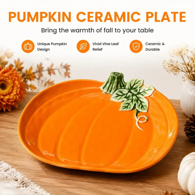 Orange Embossed Pumpkin Ceramic Serving Plate, Halloween Thanksgiving Decorative Dish, Nuts Dessert Snack Tray Home Tableware