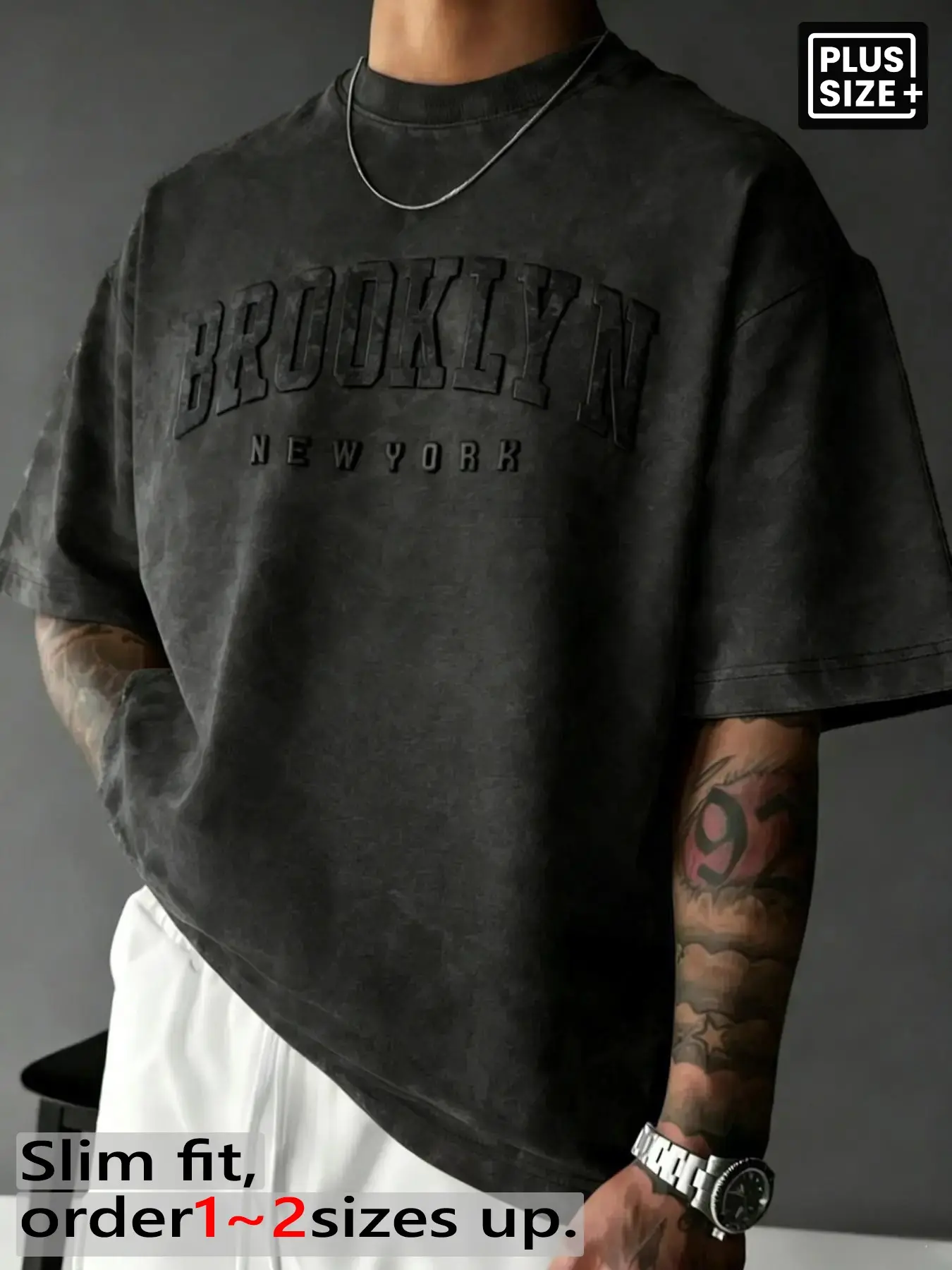Men's Plus Size Vintage Wash Graphic "Brooklyn New York" 3D Embossed Short Sleeve Tee, Casual Loose Tee, Retro Streetwear Casual T-Shirt for Summer, Daily Wear, Hip Hop & Urban Style