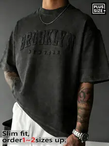 Men's Plus Size Vintage Wash Graphic "Brooklyn New York" 3D Embossed Short Sleeve Tee, Casual Loose Tee, Retro Streetwear Casual T-Shirt for Summer, Daily Wear, Hip Hop & Urban Style
