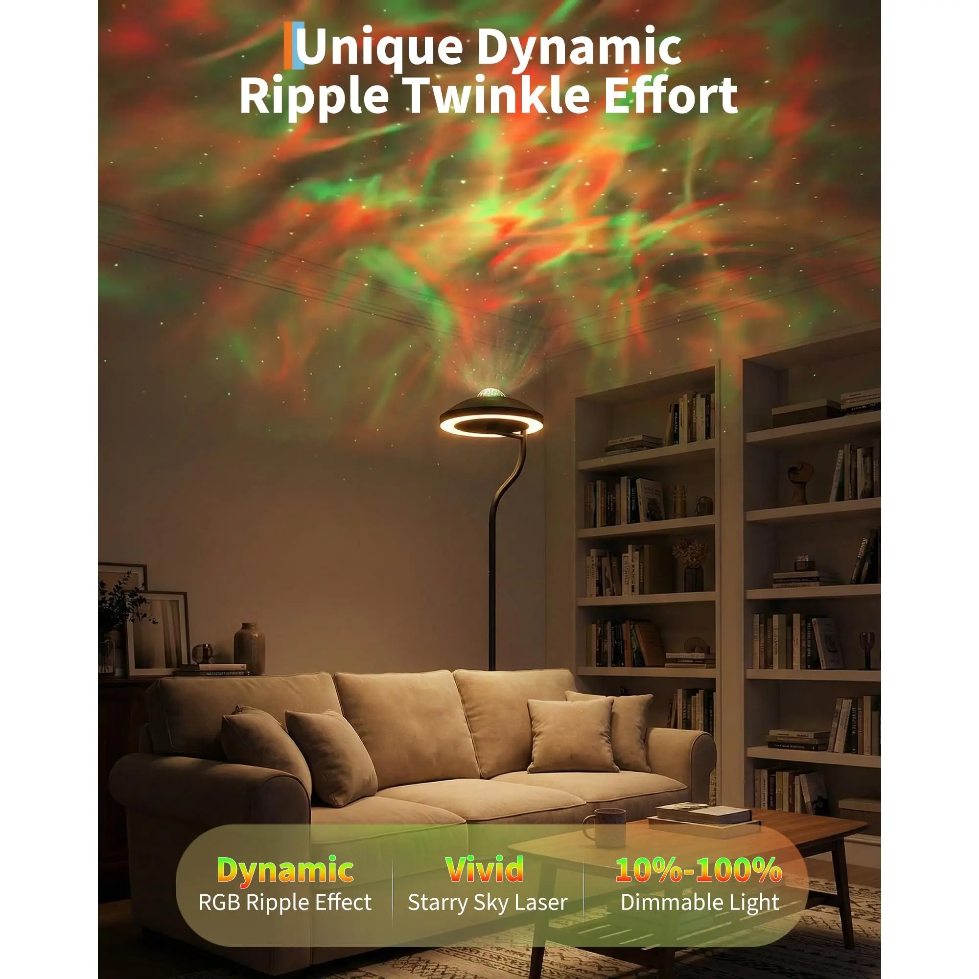 3-in-1 LED Floor Lamp for Reading, Meditation, Relaxation - 350° Rotating Head - Star & Water Ripple Projection - RGB Color Changing - Magnetic Remote - Timer for Parties, Bedtime