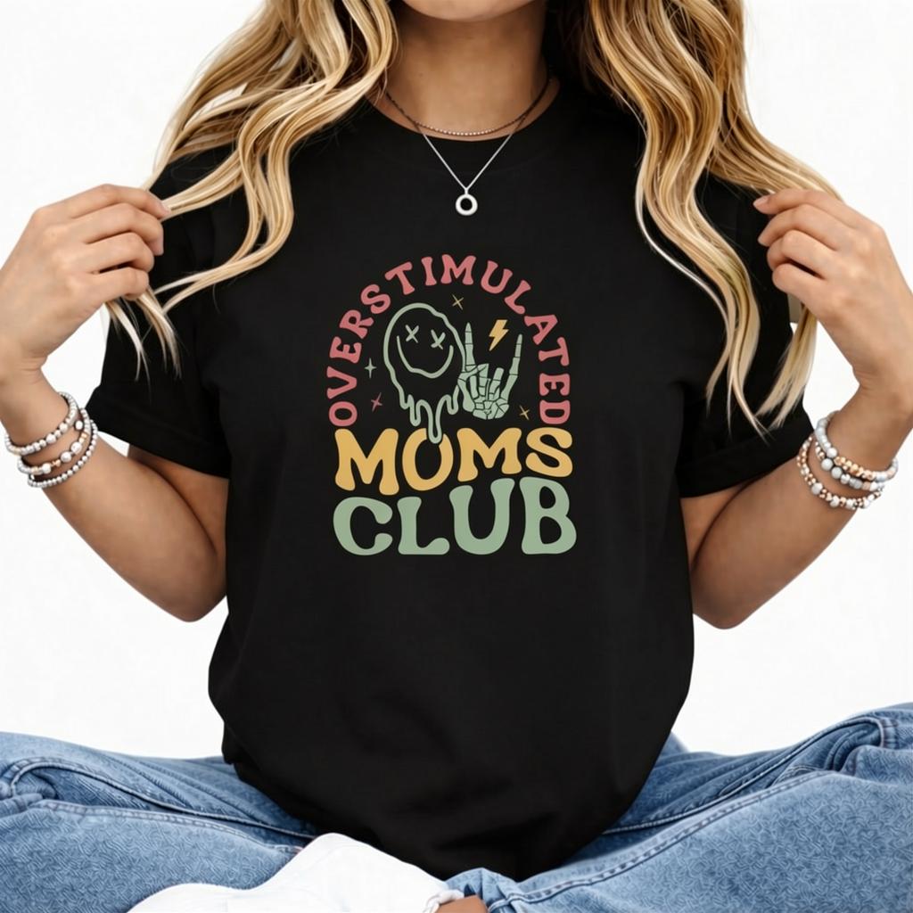 Women's "Overstimulated Moms Club" Round Neck Graphic Tee, Vintage Trendy Casual Short Sleeve T-Shirt for Daily Wear, Ladies Summer Top