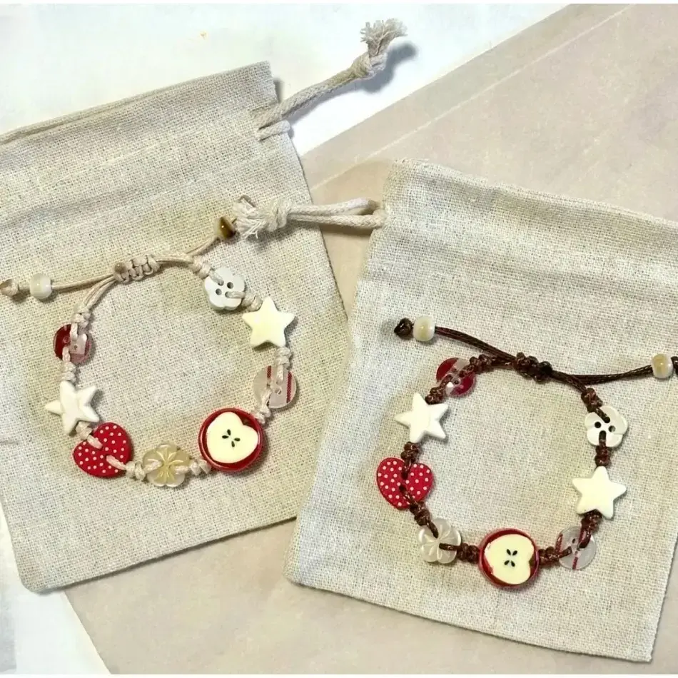Handmade Cute Apple Star Beaded Bracelet, Adjustable Woven String Bracelet, Boho Cottagecore Jewelry with Heart & Flower Charms, Gift for Teen Girls, Best Friends, Aesthetic Summer Accessory