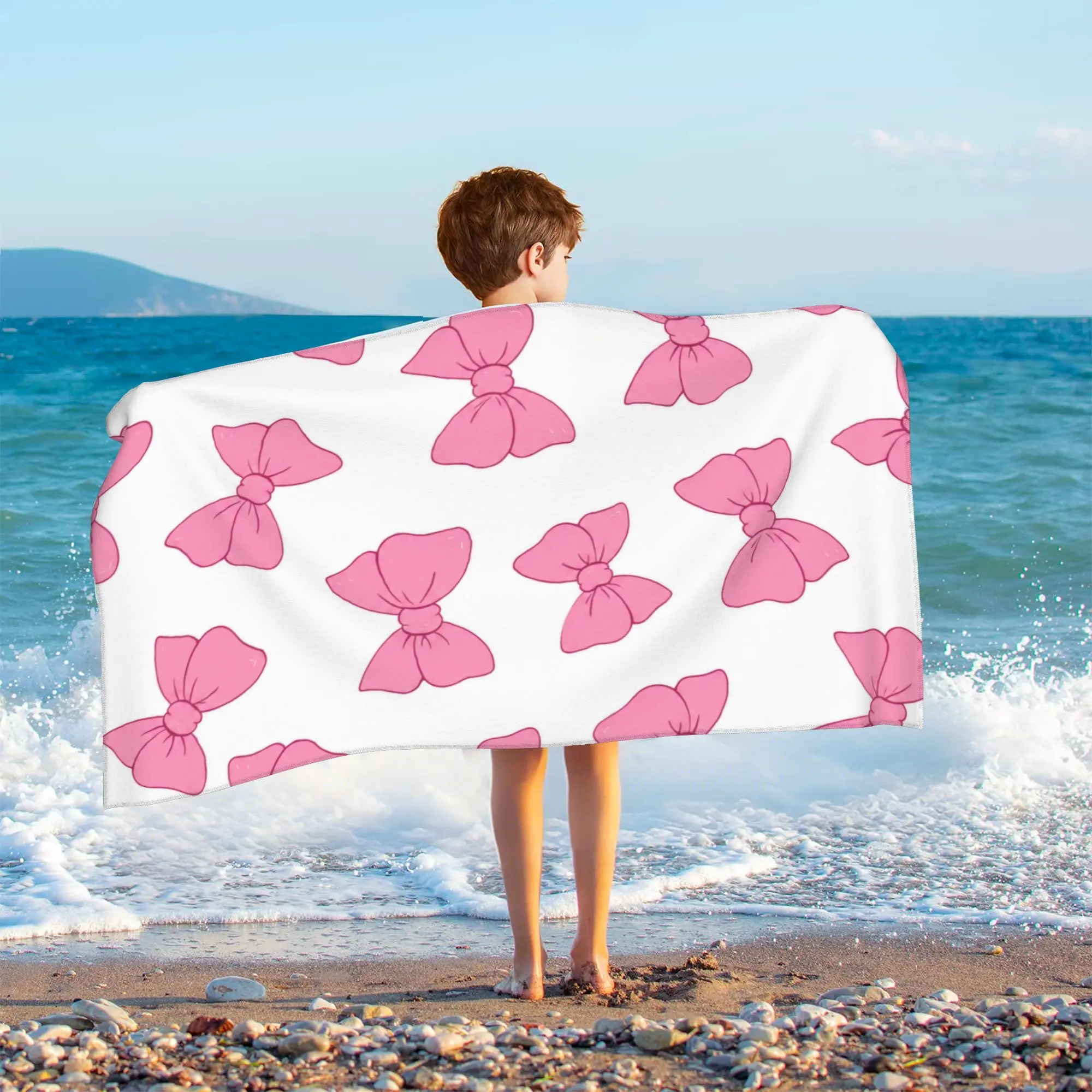 Kids Pink Bow Bath Towel, Ultra Soft Microfiber Beach Towel for Girls, Highly Absorbent Quick Dry Shower Towel, Vibrant Bowknot Print Toddler Swim Towel, Multi-Use Plush Skin-Friendly Travel Blanket for Kids, 50x100cm