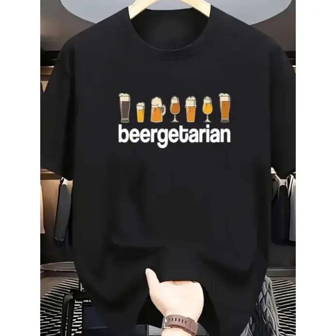 Oversized Comfort Cotton Graphic Tee, SummerVibes,Beergetarian Beer Glass Cartoon Fashion Outfit, Funny Beer Lover Casual Shirt, Ideal Valentine Holiday Present For Him Her Beer Drinkers