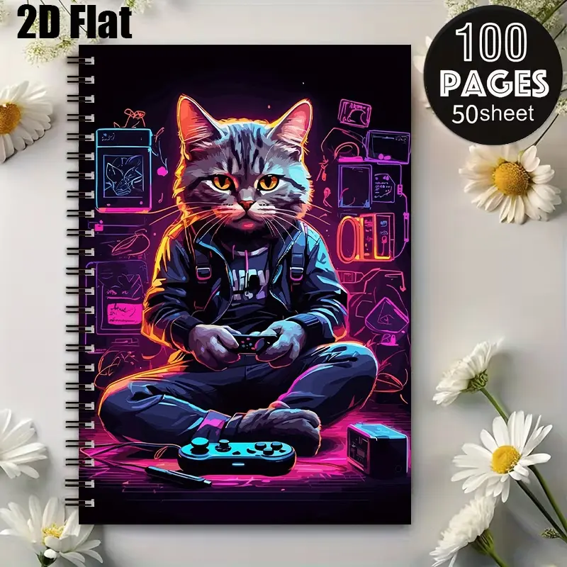 1 Piece Gamer Cat Spiral Notebook, 5.7x8.26 Inch, Premium Lined Pages, Durable Coil Binding, Gaming Journal for Game Nights, Study Notes, Travel Log, Perfect Gift for Gamers on Birthday Halloween Christmas [2D] Flat