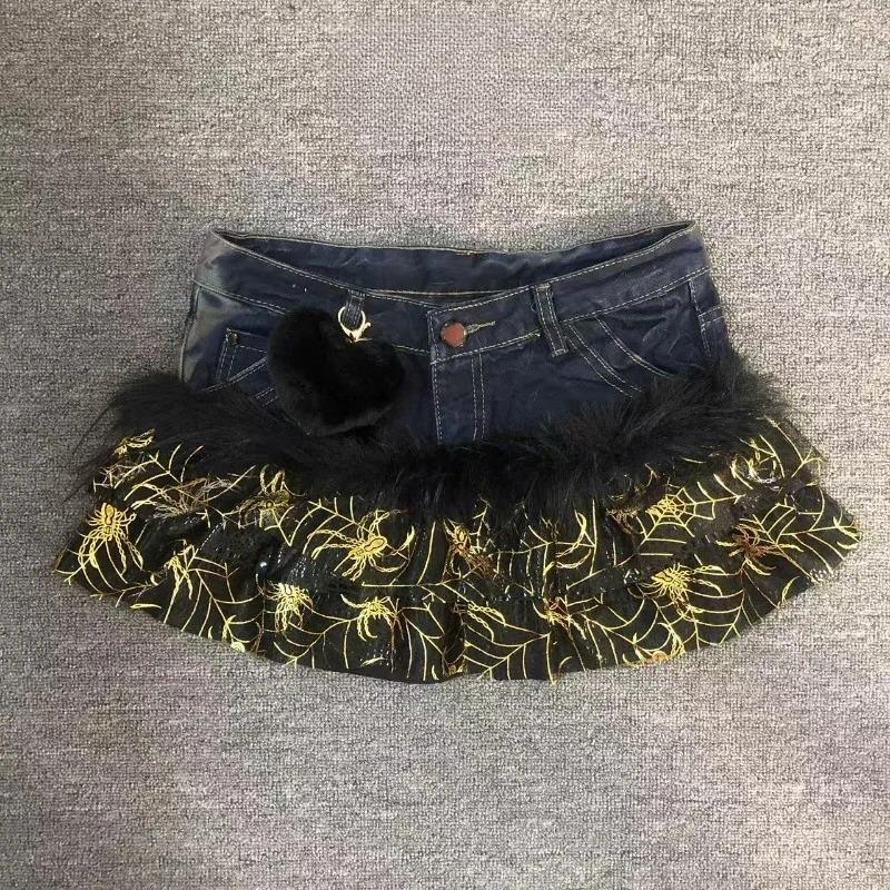 Y2K Gothic Grunge Denim Skirts Women Subculture Retro Punk Print Mini Skirt Vintage Streetwear Fashion Faux Fur Patchwork Skirt