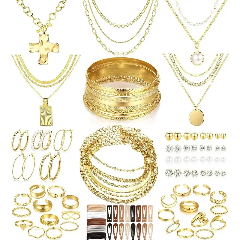 Women's Non-Tarnish Gold 137-Piece Glamour Non-Tarnish Jewelry Set - 12 Necklaces,14 Bracelets,21 Hoop Earring Sets,24 Knuckle Rings,66 Hair Accessories - Anniversary Gifting Option (Camping Hiking Tent Accessory Complement)