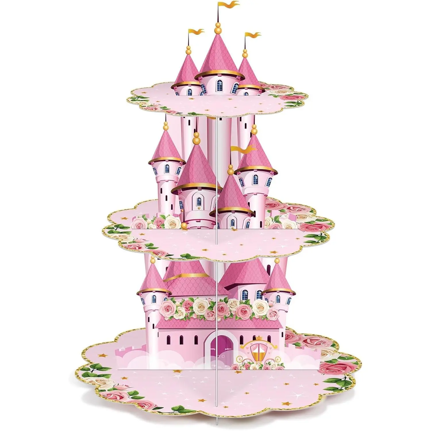 Zopeal 3 Tier Princess Birthday Cupcake Stand Party Decorations Floral Princess Cupcake Holder Pink Castle Crown Carriage Dessert Tower for Girls Birthday Theme Baby Shower Party Supplies