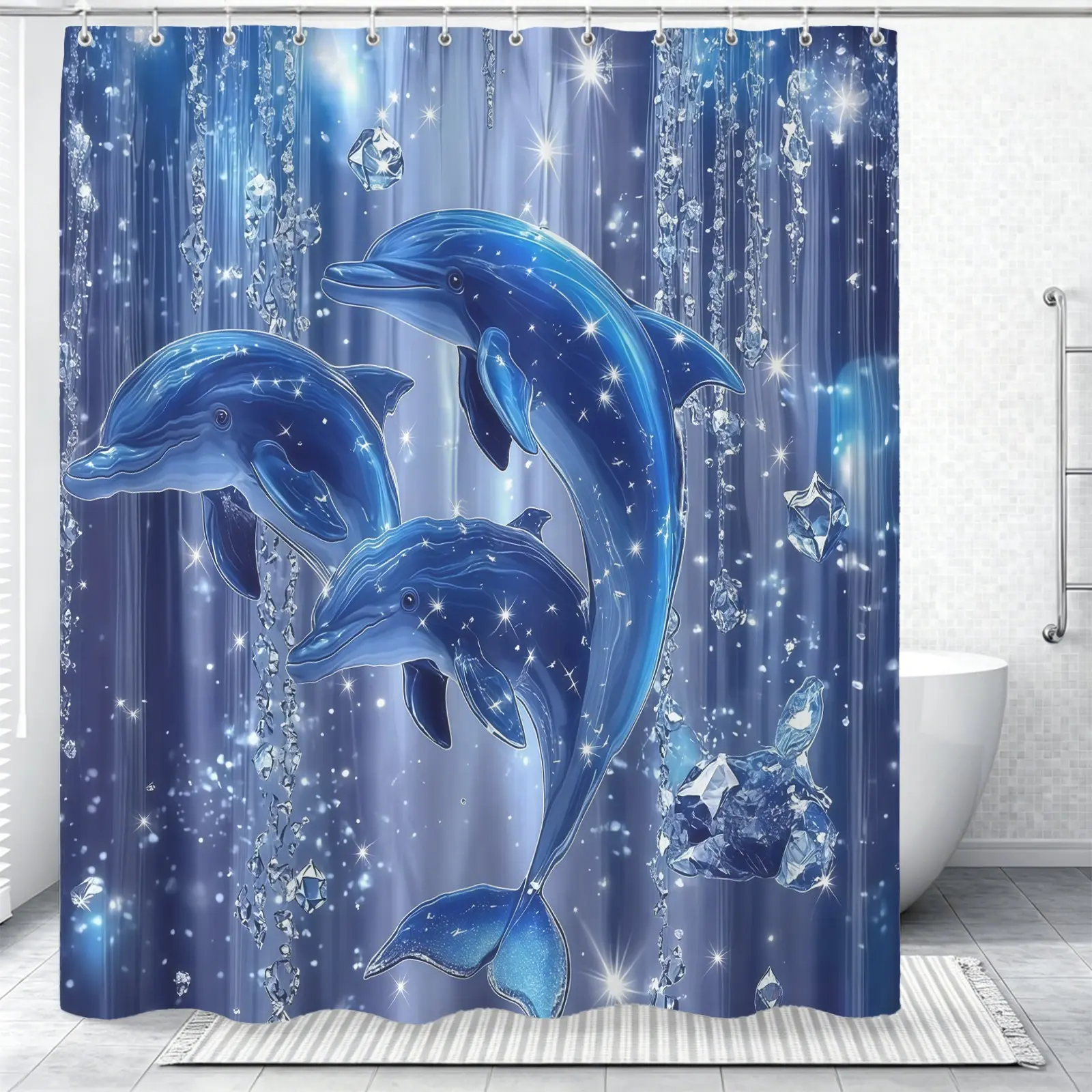 Dolphin Pattern Shower Curtain, Measures 72x72 Inches, Comes With Plastic Hooks For Easy Installation, Modern Polyester Bathroom Decor