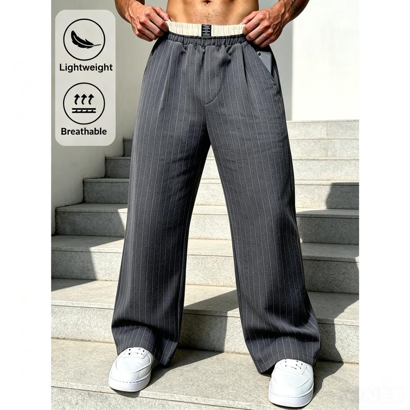 Men's Loose Striped Joggers with Contrasting Double-Waistband - Suitable for Office Work and Casual Occasions