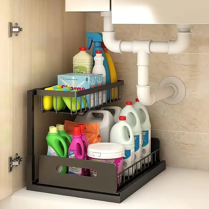 Multi-Functional Under Sink Storage Rack, Double Layer Slide Out Organizer with Smooth Metal Sliding Drawers, Practical Space Saving Shelf for Kitchen, Bathroom, Fridge & Cabinet Storage