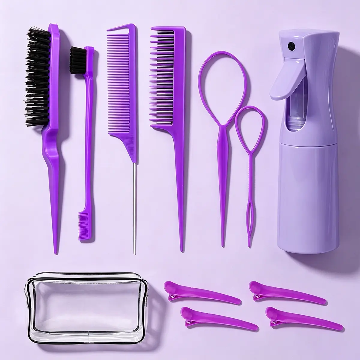 12-Piece Hair Styling Kit, Includes Spray Bottle, Edge Control Brush, Rake Brush, Tail Comb, Hair Clips, Braider, Storage Bag, Home & Salon Use
