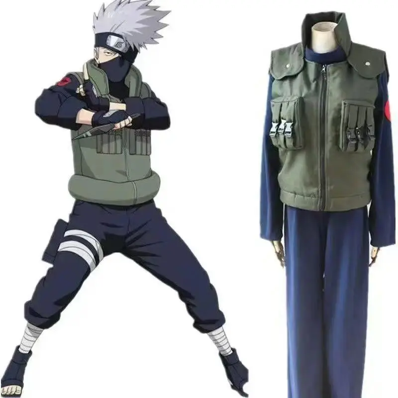 Naruto Kakashi Cosplay 2-Piece Clothes Set - Polyester Regenerated Cellulose Fiber Soft Fabric Vest + Fleece Pants, Streetwear Anime Costume for Spring 2025