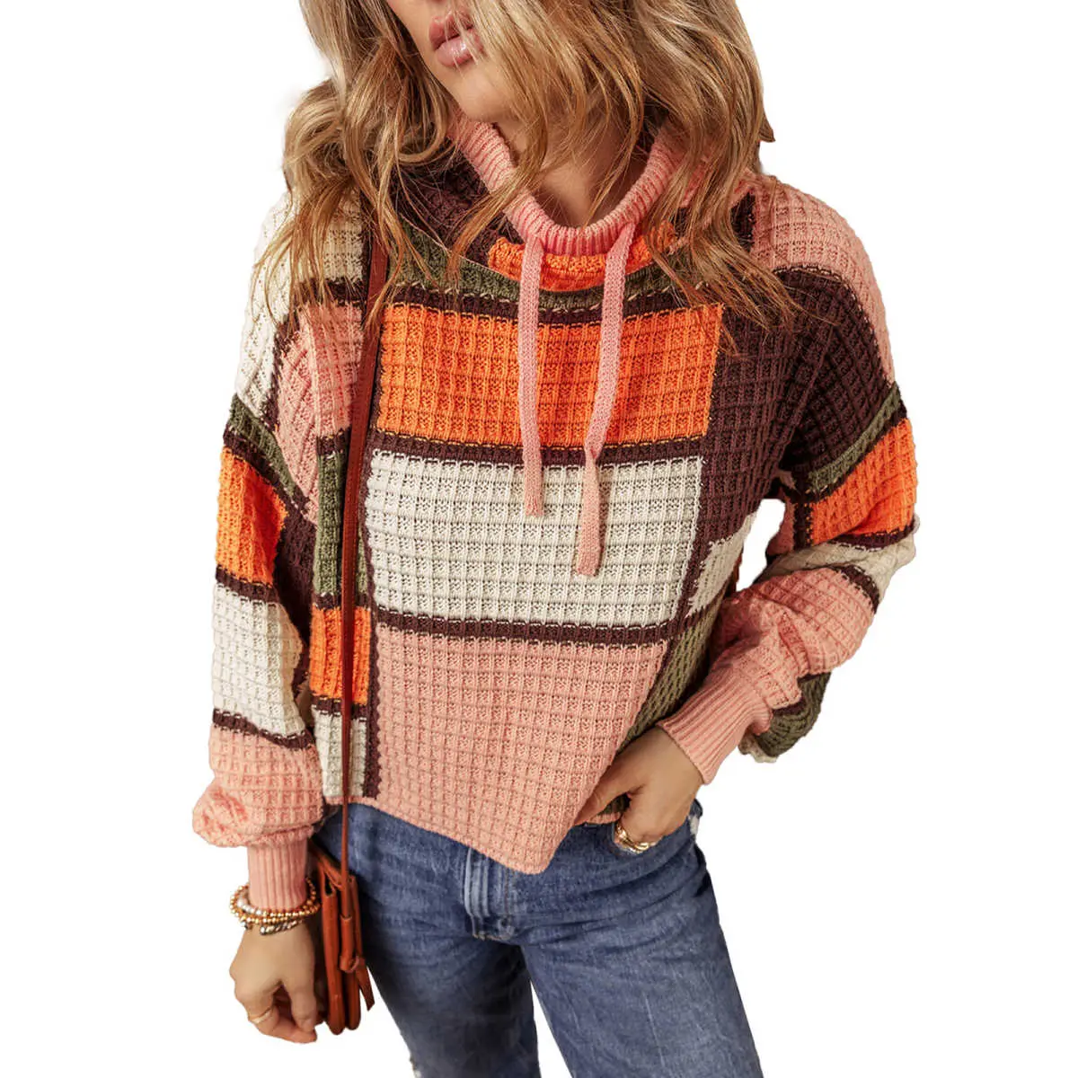 Orange Color Block Waffle Knit Drawstring Mock Neck Sweater