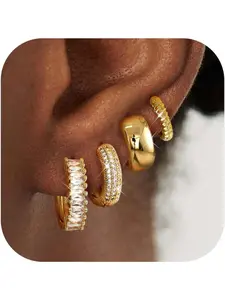 4 Pairs Small Hoop Earrings for Women Trendy 14K Gold Plated Stackable Chunky Earrings Hypoallergenic Huggie Earring Stacks Lightweight Earring Sets for Multiple Piercing