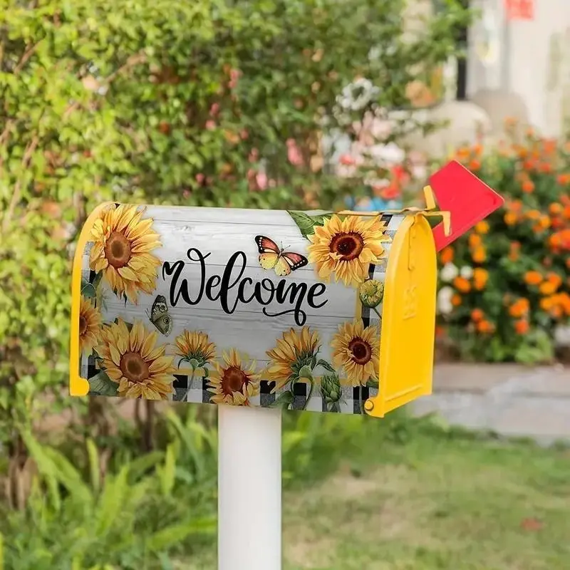 Magnetic Mailbox Cover, Sunflower Butterfly Decor, Buffalo Plaid Pattern, Fall Postal Box, Farmhouse Country Garden Decoration, Sunflower Design
