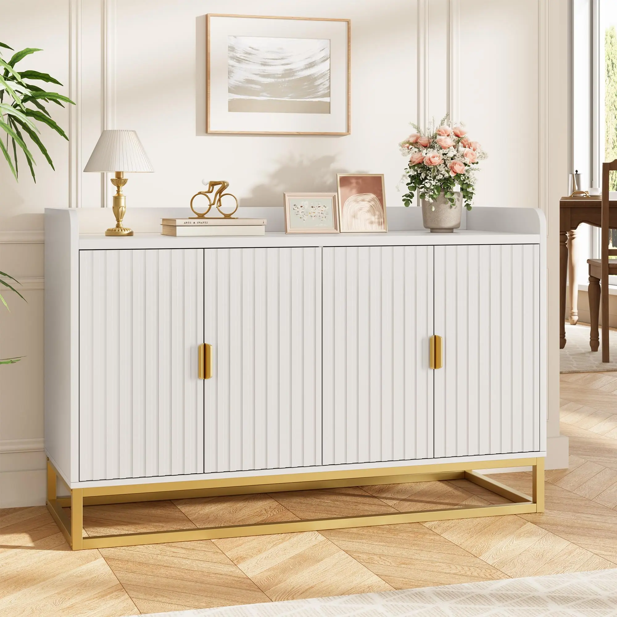 Modern White Sideboard Buffet Cabinet with 4 Fluted Doors, Luxury Accent Storage Credenza with Adjustable Shelves & Gold Metal Legs for Living Room, Dining Room, Entryway (47.2" W)