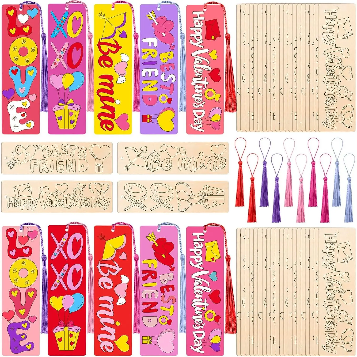 200 count Valentine's Day DIY Heart Bookmark Bulk Kits,  Valentine's Day Color Your Own Craft Bookmarks Bulk with Tassels, Personalized Bookmark  for Men Women