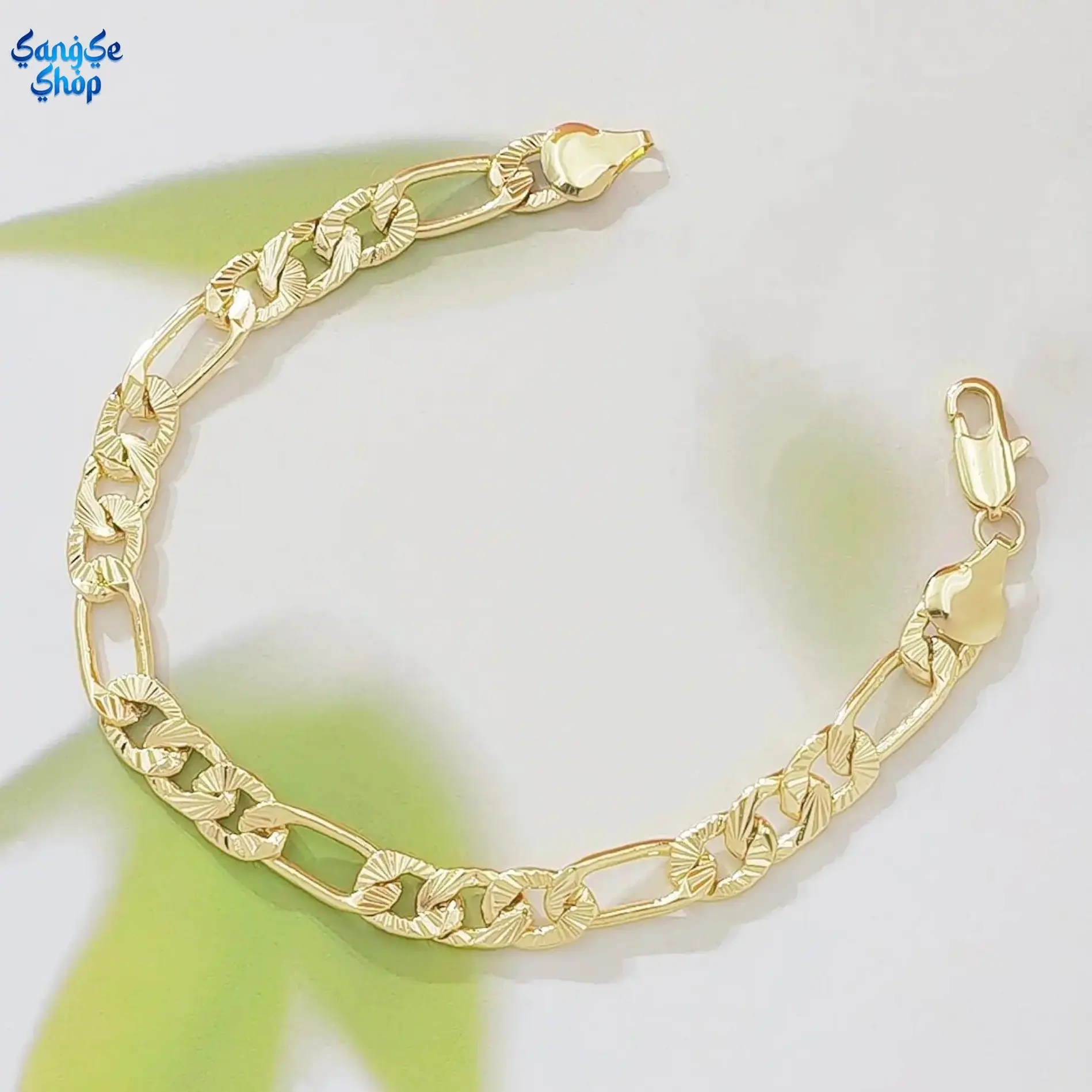 Women’s 14K Gold Two-Tone Figaro Chain Bracelet, Sunburst Diamond Cut Texture Link Bracelet, Elegant Layered Stackable Jewelry, Trendy Fashion Wristband for Daily Wear, Party, Travel & Special Occasions