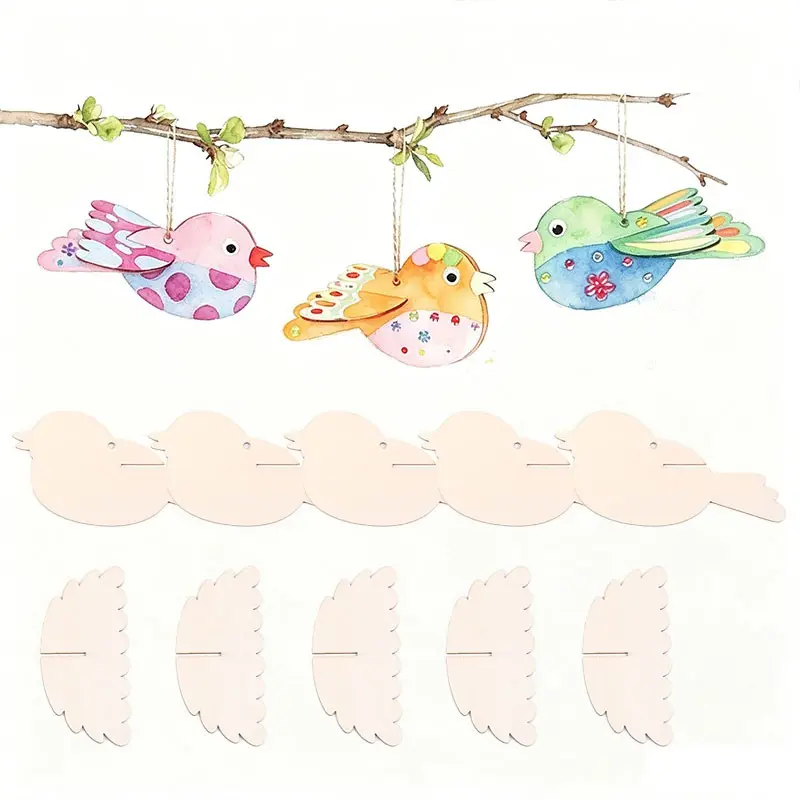 32pcs/16set 3D Wooden Bird DIY Assembly Hanging Ornament Set, Seamless Slot-Together Pre-Cut Components, Glue-Free Puzzle Style Handmade Craft, Blank Natural Wood Panel for Freestyle Painting, Perfect for Spring Home Decor & Nature-Themed Party Accents.
