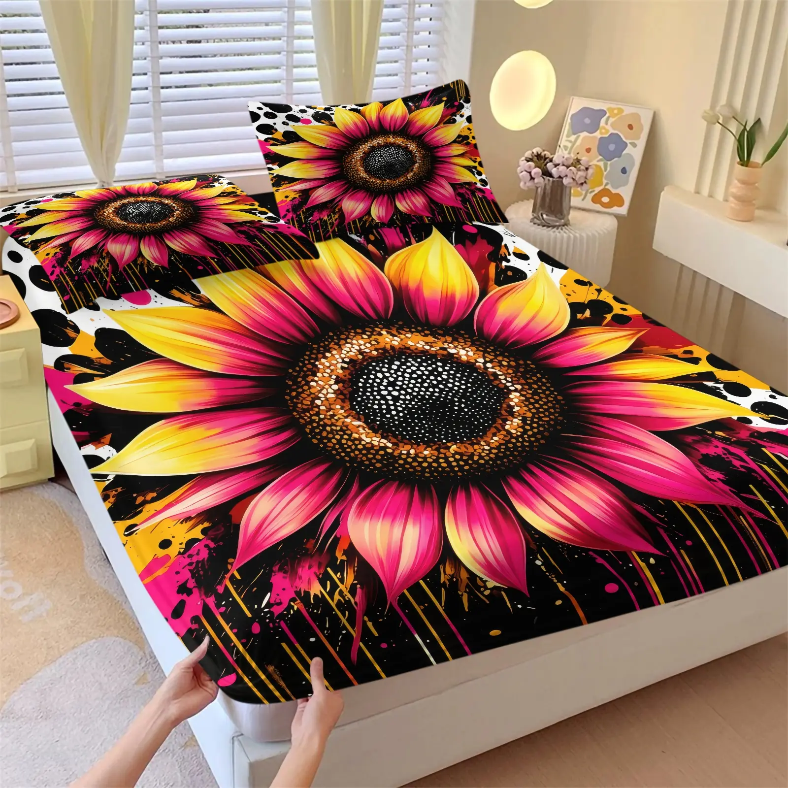Black Splash Ink Sunflower Print Fitted Sheet Set, 1 Fitted Sheet & 2 Pillowcase, Street Cool Girly Bed Decor, Gradient Pink Yellow Daisy Floral Bedding All Size, Anti-Wrinkle Elastic Mattress Cover, Teen Apartment Bedroom Decor