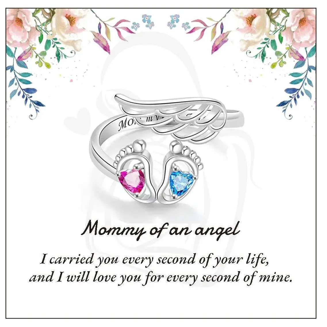 Adjustable Memorial Cuff Ring Miscarriage Sympathy Gift - Angel Wing Baby Footprints Mommy of an Angel Engraved Ring, Meaningful Keepsake Jewelry For Grieving Mothers Daily Wear