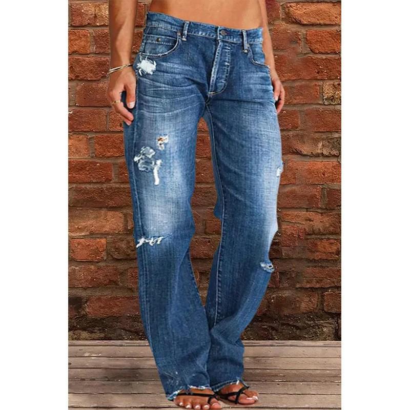 Women's Ripped Jeans Mid Rise Straight Leg Denim Jean Plus Size Boyfriend Jeans Baggy Flare Pants 90s Hippie Clothes