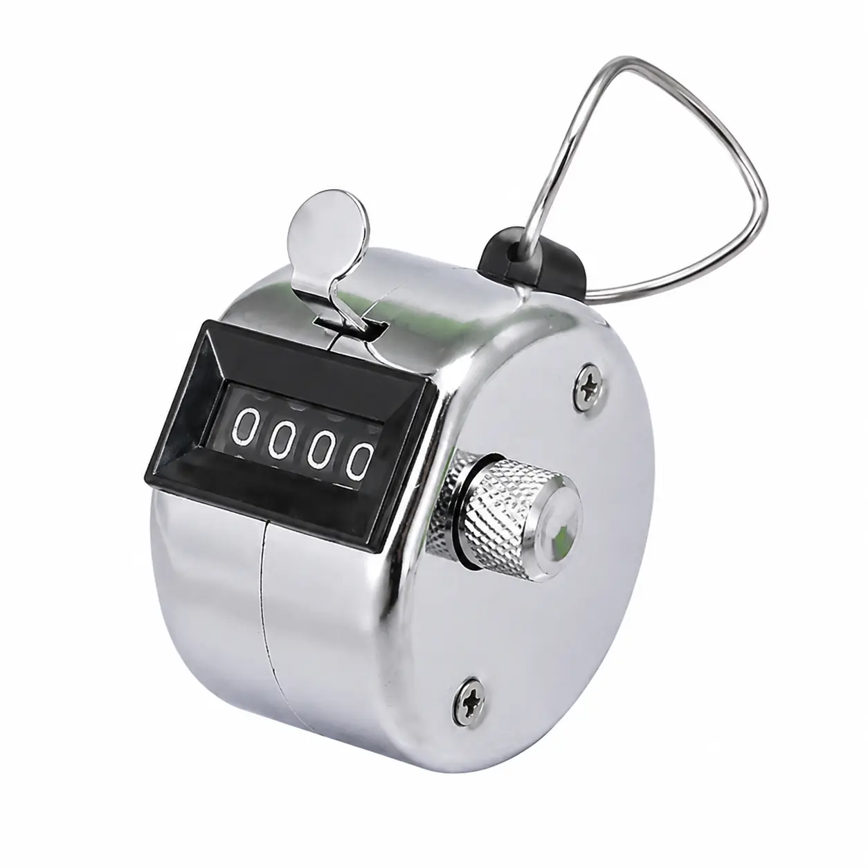 Four-digit mechanical handheld tally counter with durable stainless steel attachment ring, designed for precise manual counting in retail inventory audits, classroom student engagement activities, traffic volume monitoring, and color-coded candy sorting t