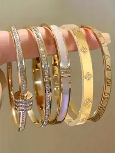 5-Piece Waterproof Titanium Steel Bracelet Set, Rhinestone Full Star Design, 18k Gold Plated, Adjustable Open Ring, Trendy Style