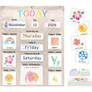 Pastel Daily Morning Circle Time Pocket Chart Board - Calendar with Weather, Seasons, Positive Affirmations, Letters & Numbers for Toddler Preschool Homeschool Learning Activity