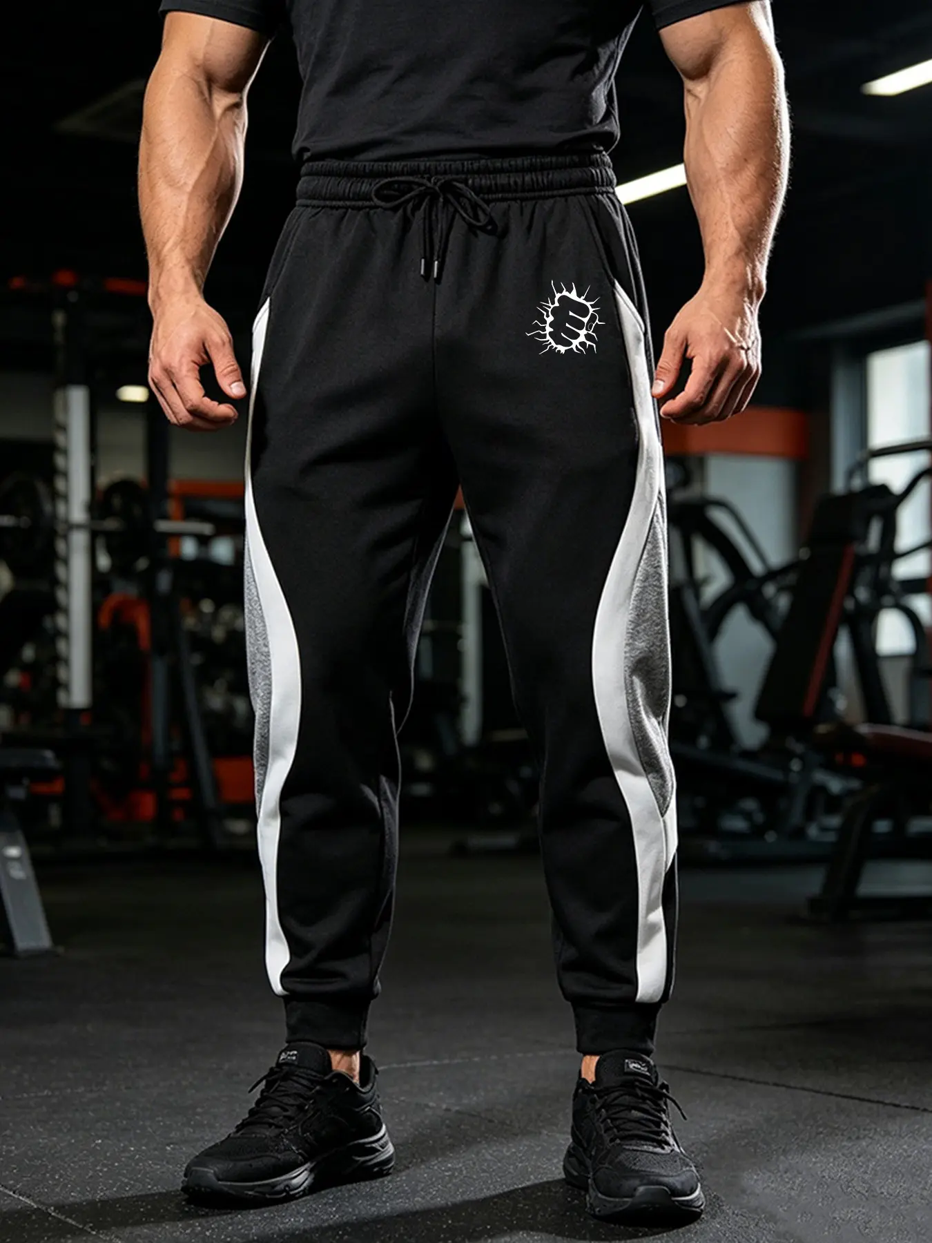 Men's Gym Color Block Jogger Pants Boxing Broken Crack Print Curved Splicing Sweatpants Elastic Drawstring Waist Casual Sports Track Pants with Side Pockets Daily Workout Streetwear Trousers