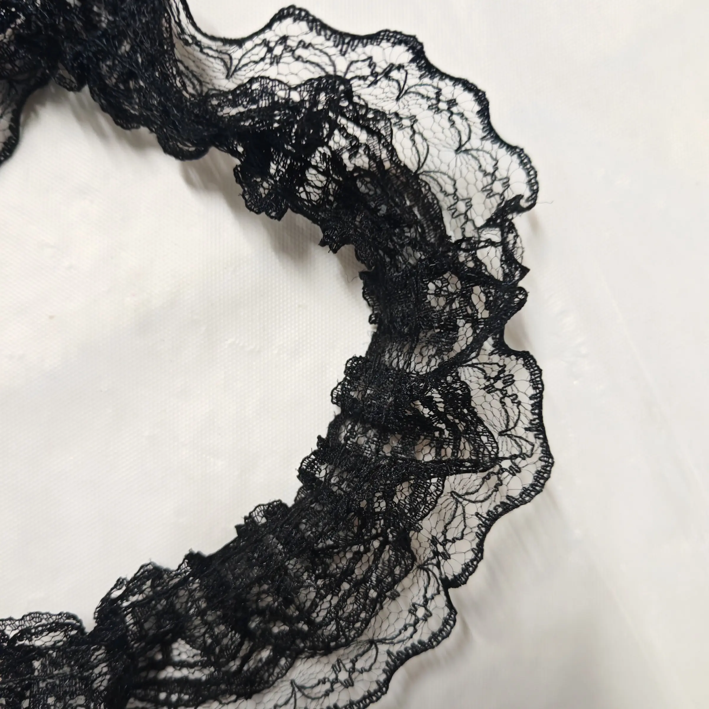 1pc Black Polyester Double Layer Pleated Lace Trim Ribbon, French Lace Trim, Embroidered Ruffle Collar Sewing Material for Clothing Splicing, 1.9 inches Wide