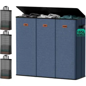3 Bin Laundry Hamper 185L, Large Laundry Hamper with Lid, Dirty Clothes Hamper with 3 Detachable Washing Bags, Foldable Laundry Basket Organizer for Bedroom, Laundry Room
