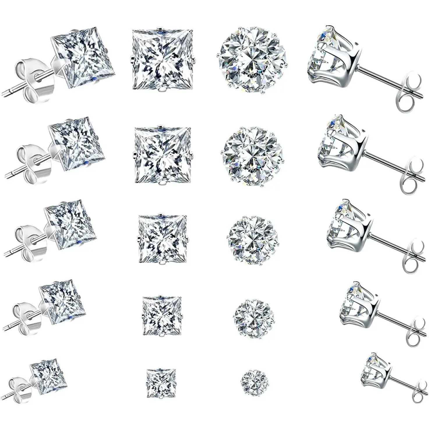 10 Pairs CZ Stud Earrings for Women,  Earrings for Women Studs Set, Small Stainless Steel Earrings Studs, Cubic Zirconia Earrings for Women men (Square and Round)