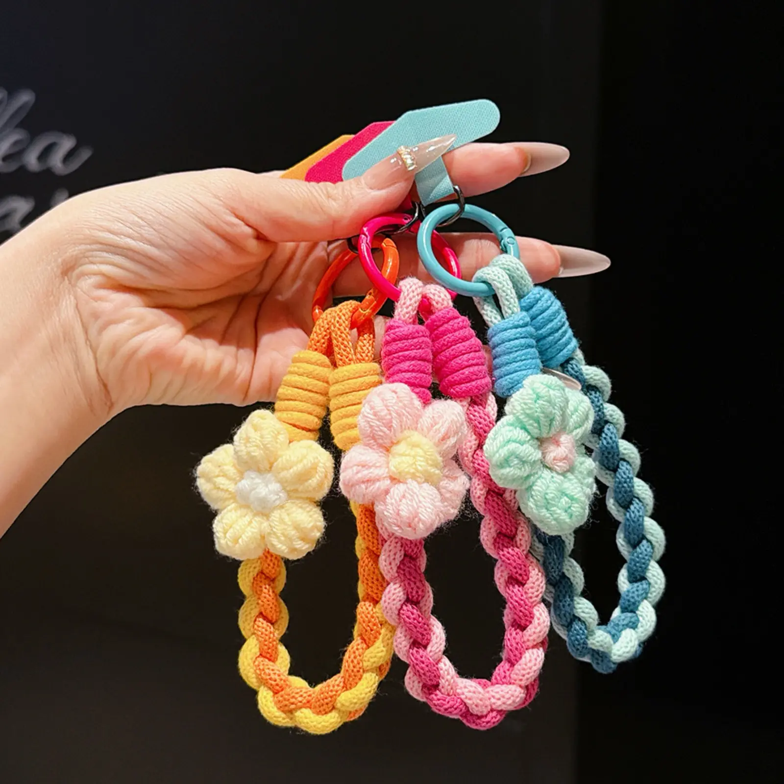 Cute Crochet Flower Braided Wrist Lanyard, Color Block Knitted Mini Hand Strap with Colorful Spring Key Ring, Sweet Cottagecore Anti-Lost Utility Cord for Keys Phone Case Plush Doll Daily Dating Shopping Streetwear