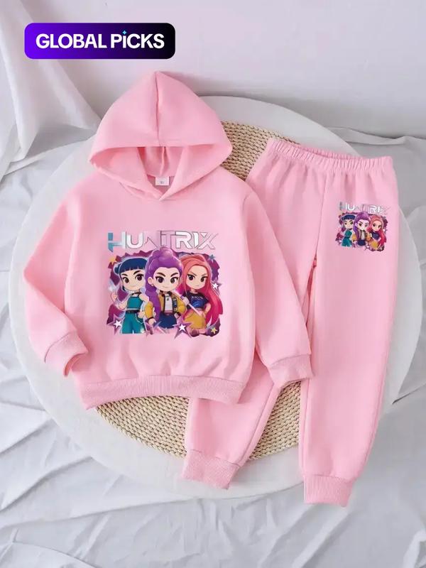 Girls' Witch Hunter Corps Warm Hoodie & Joggers Set, Cozy Fleece Lined Outfit For Fall & Winter