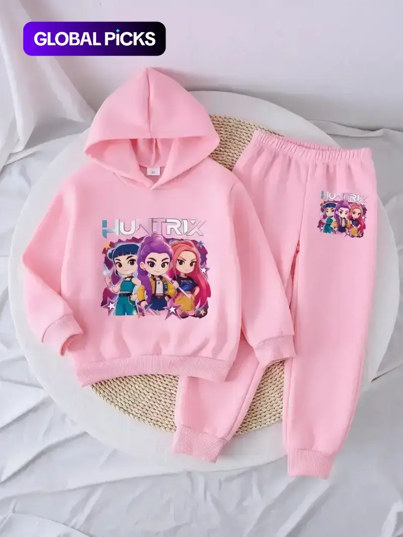 Girls' Witch Hunter Corps Warm Hoodie & Joggers Set, Cozy Fleece Lined Outfit For Fall & Winter