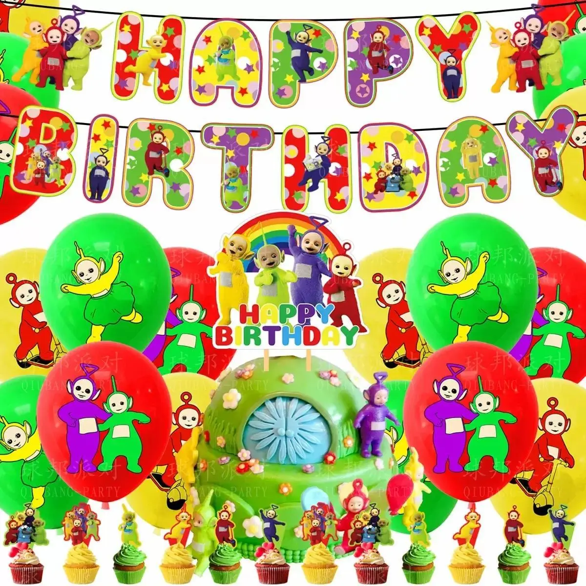 Teletubbies Balloons Birthday Party Decorations Supplies Banner Cake Topper Disposable Tablecloth Stickers Gift Bag Background