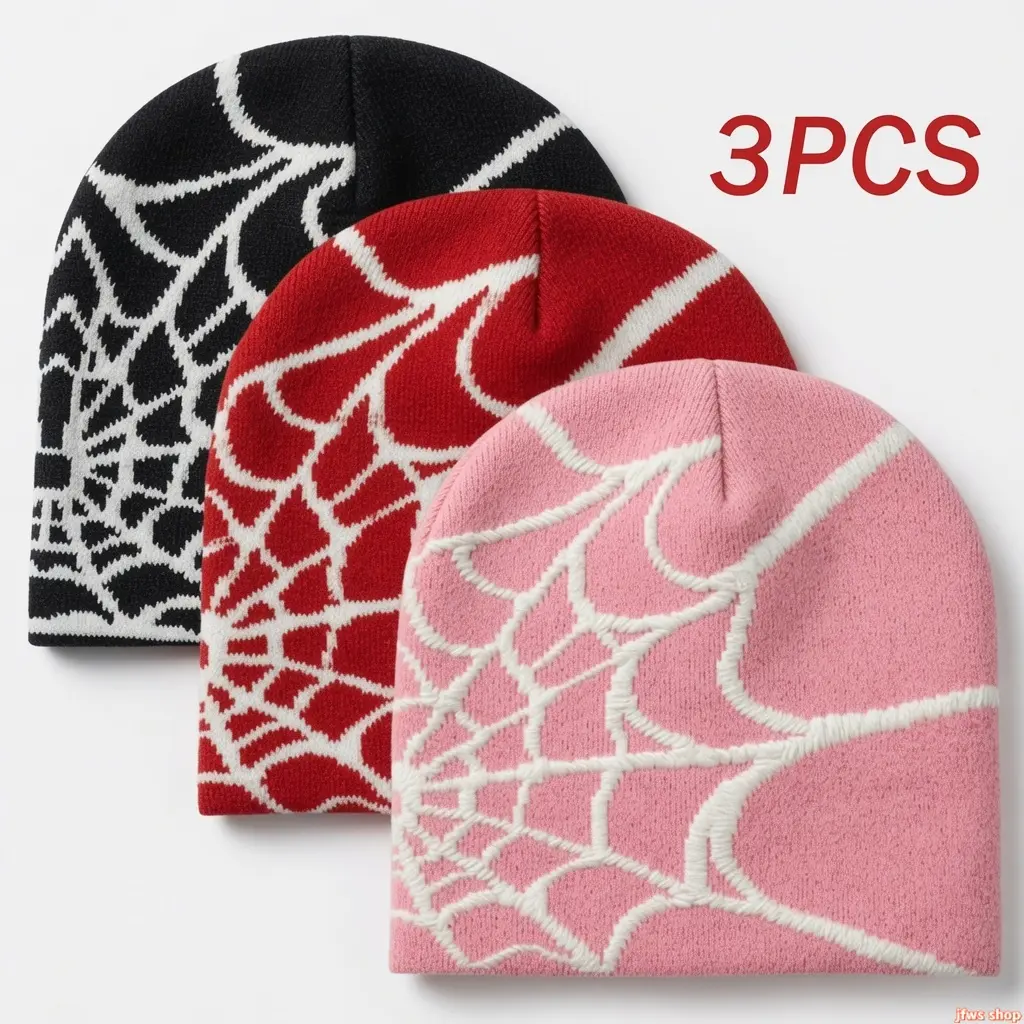 2026 New 3 Pack Spider Web Jacquard Knit Beanie for Men Women Winter Thermal Skull Cap with Cuffed Design Stretchy Soft Warm Breathable Slouchy Fit Unisex Cold Weather Outdoor Sports Daily Wear Travel Gift US Design
