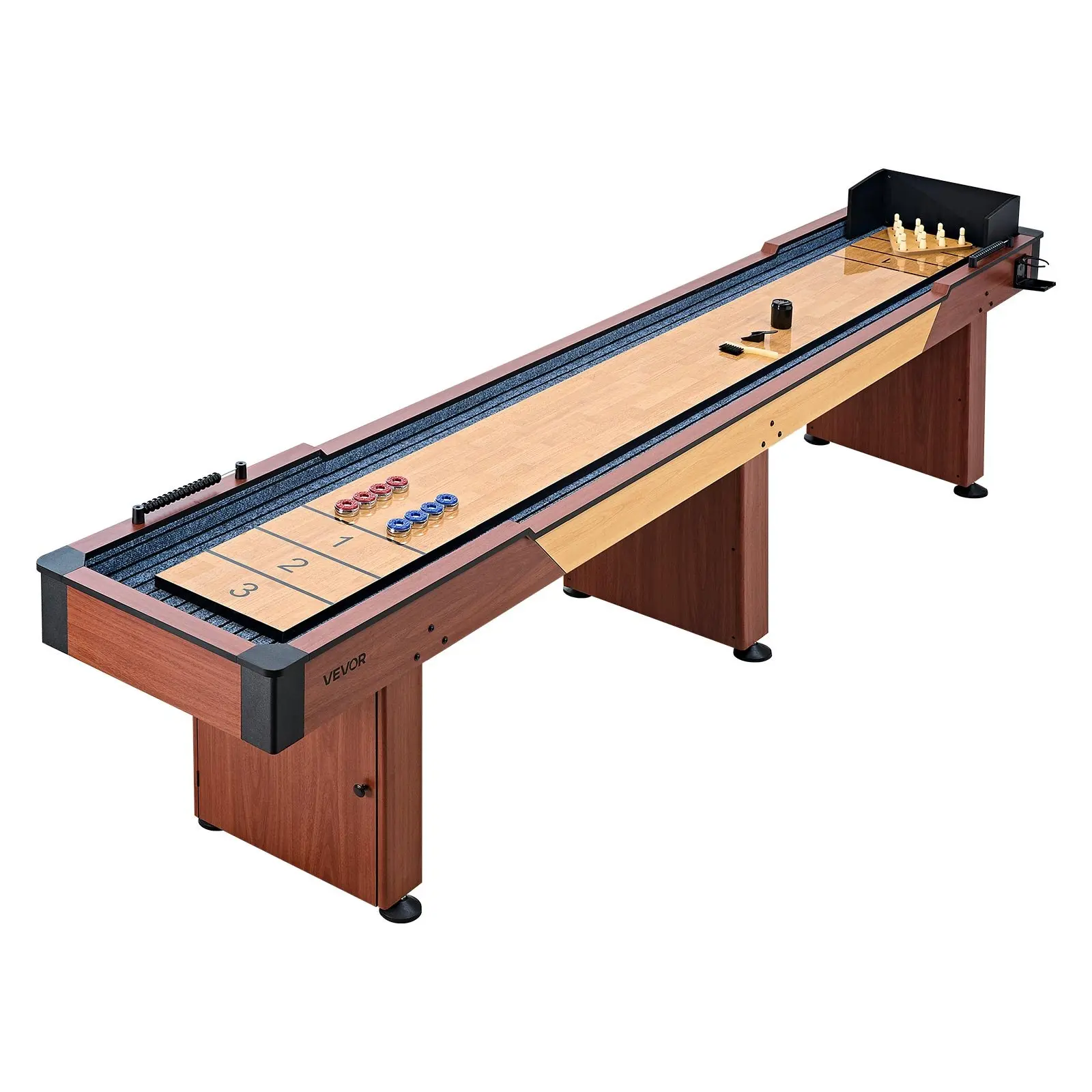 VEVOR 12 ft Shuffleboard Table, 2 in 1 Shuffleboard and Bowling Combo Set, Shuffle Board with Rustic Wood Finish, Scratch-Resistant Playfield, 8 Pucks, Bowling Set, Wax, Brush, for Family Game Room