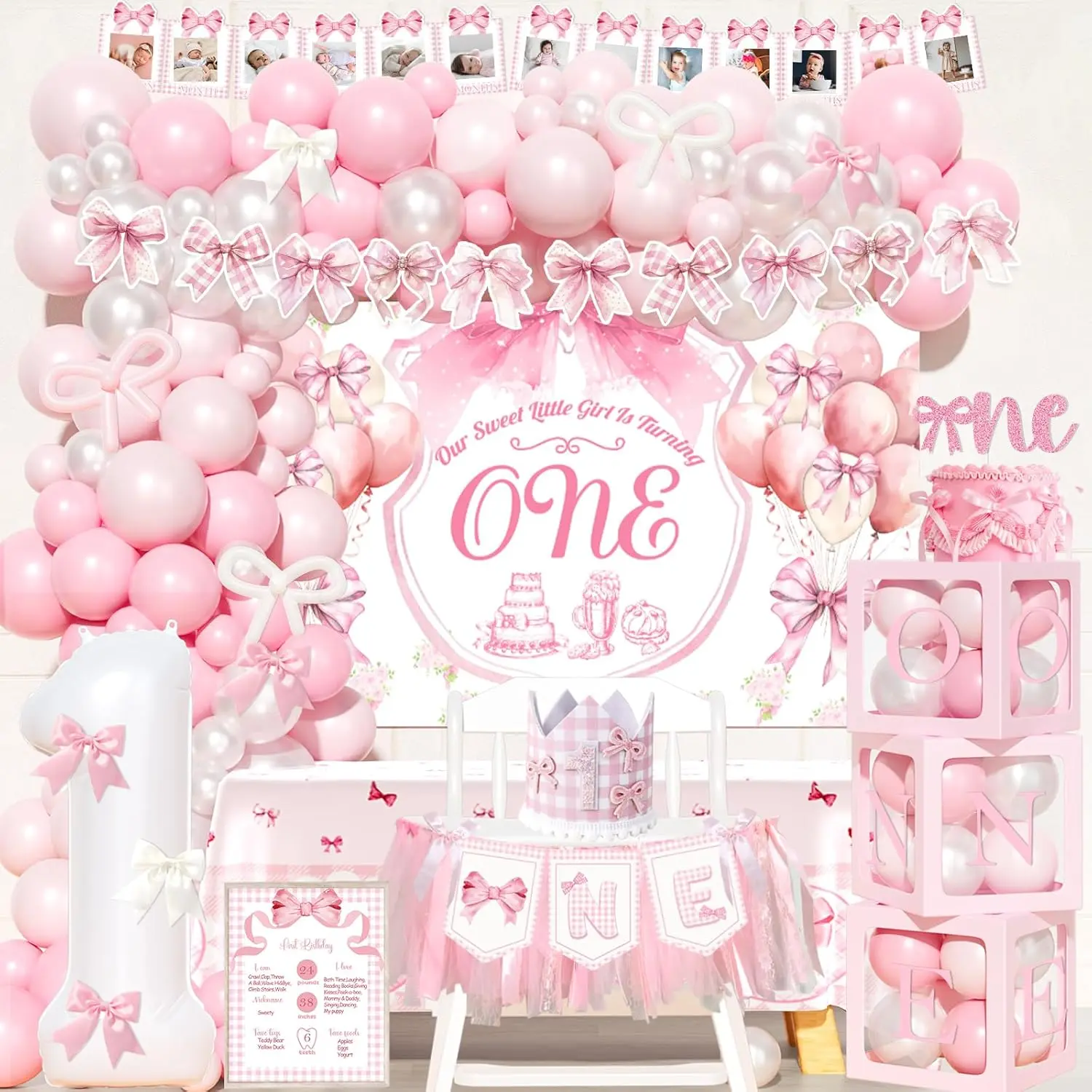 Bow 1st Birthday Decorations, First Birthday Decorations for Girl,  Bow Theme Backdrop Balloon Banner Tablecloth Box Crown for Girls   Year Old Birthday  Supplies