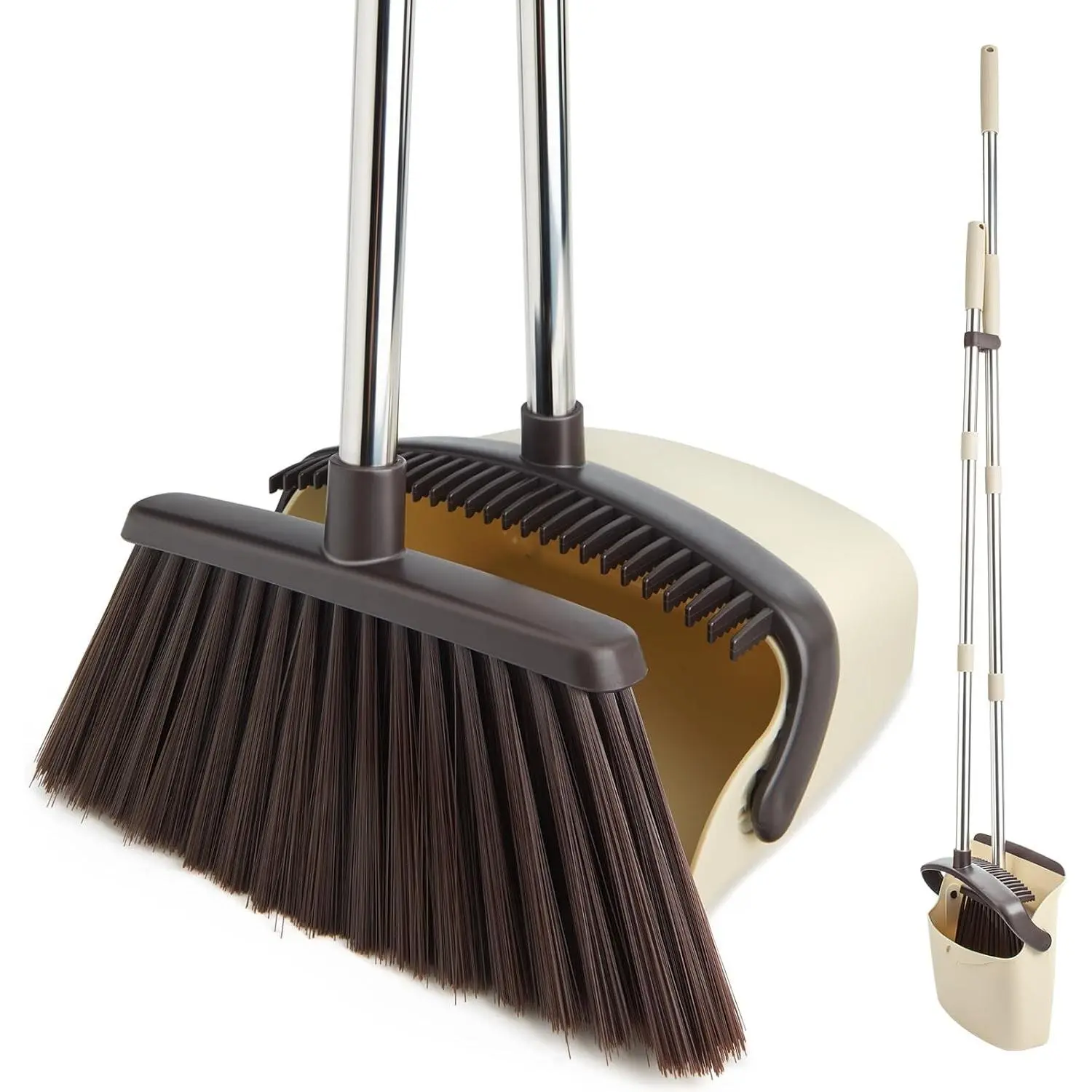 Long Handle Broom and Dustpan Set, Heavy Dust Broom & Dustpan Combo for Home, Kitchen, Office, Pet Hair Cleaning, Beige