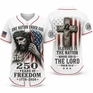 Faith Inspired USA 250 Years of Freedom Baseball Jersey for Men Women, White Patriotic Christian Graphic Print Button Up Shirt with Cross Flag Artwork, One Nation Under God Design, Lightweight Polyester 4th of July Holiday Streetwear Top,clothes, outfits