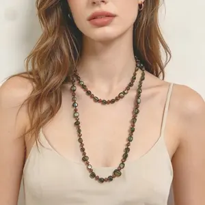 Long Layered Shell Crystal Necklace For Women Irregular Abalone Beads Handmade Knotted Strand Coastal Cowboy Summer Vacation Outfits Jewelry