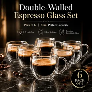 6Pcs Double Wall Borosilicate Espresso Cups, Coffee Cup Set, 80ml each. Crystal clear, heat resistant and anti-scald, suitable for hot and cold coffee as well as tea.