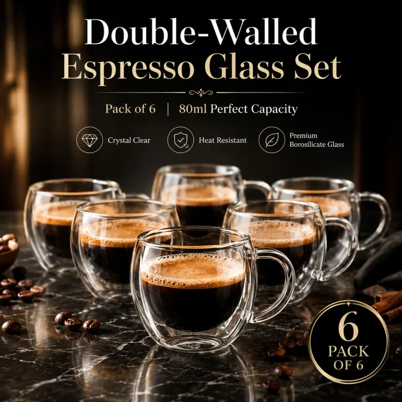 6Pcs Double Wall Borosilicate Espresso Cups, Coffee Cup Set, 80ml each. Crystal clear, heat resistant and anti-scald, suitable for hot and cold coffee as well as tea.