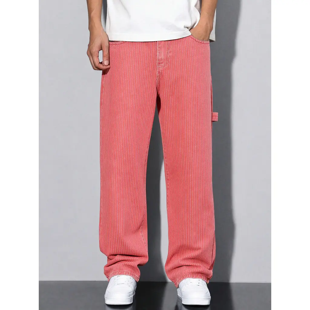 Y2K Retro Red Vertical Stripe Carpenter Jeans, Baggy Wide‑Leg Work Utility Pants With Side Tool Loop, Relax Fit Multi‑Pocket Denim Trousers, Trendy Street Bottoms Perfect For Street Shots, Skate Culture, Club Nights And Casual Daily Wear