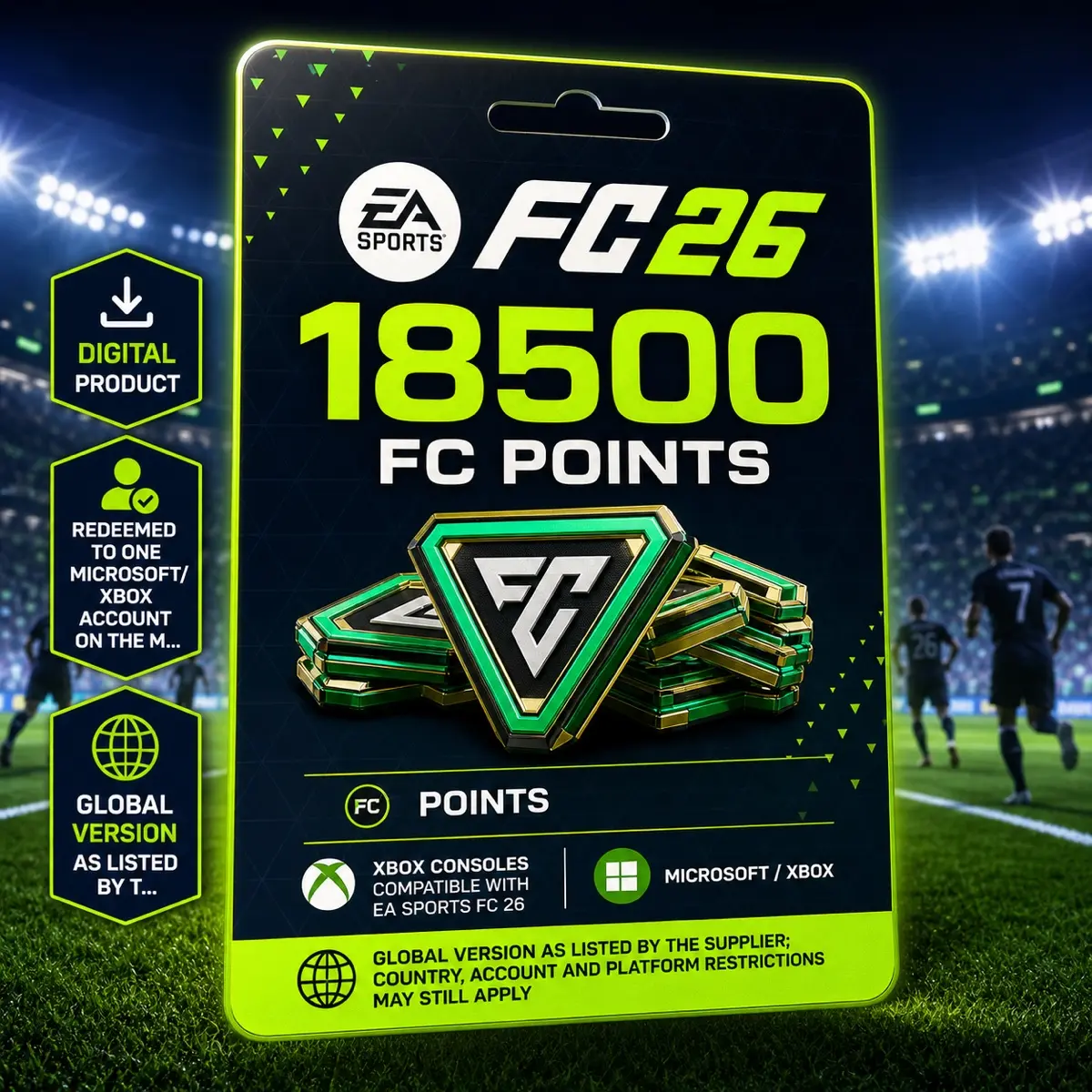 EA SPORTS FC 26 — 18500 FC Points Digital Code for Xbox, Points, Xbox consoles compatible with EA SPORTS FC 26, Microsoft / Xbox, Global version as listed by the supplier