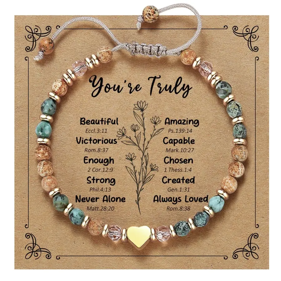 Natural Picture Stone Bracelet African Pine Heart Pendant Powder Crystal Gold Bead Spacer Bracelet Picture Stone Love Bracelet Women